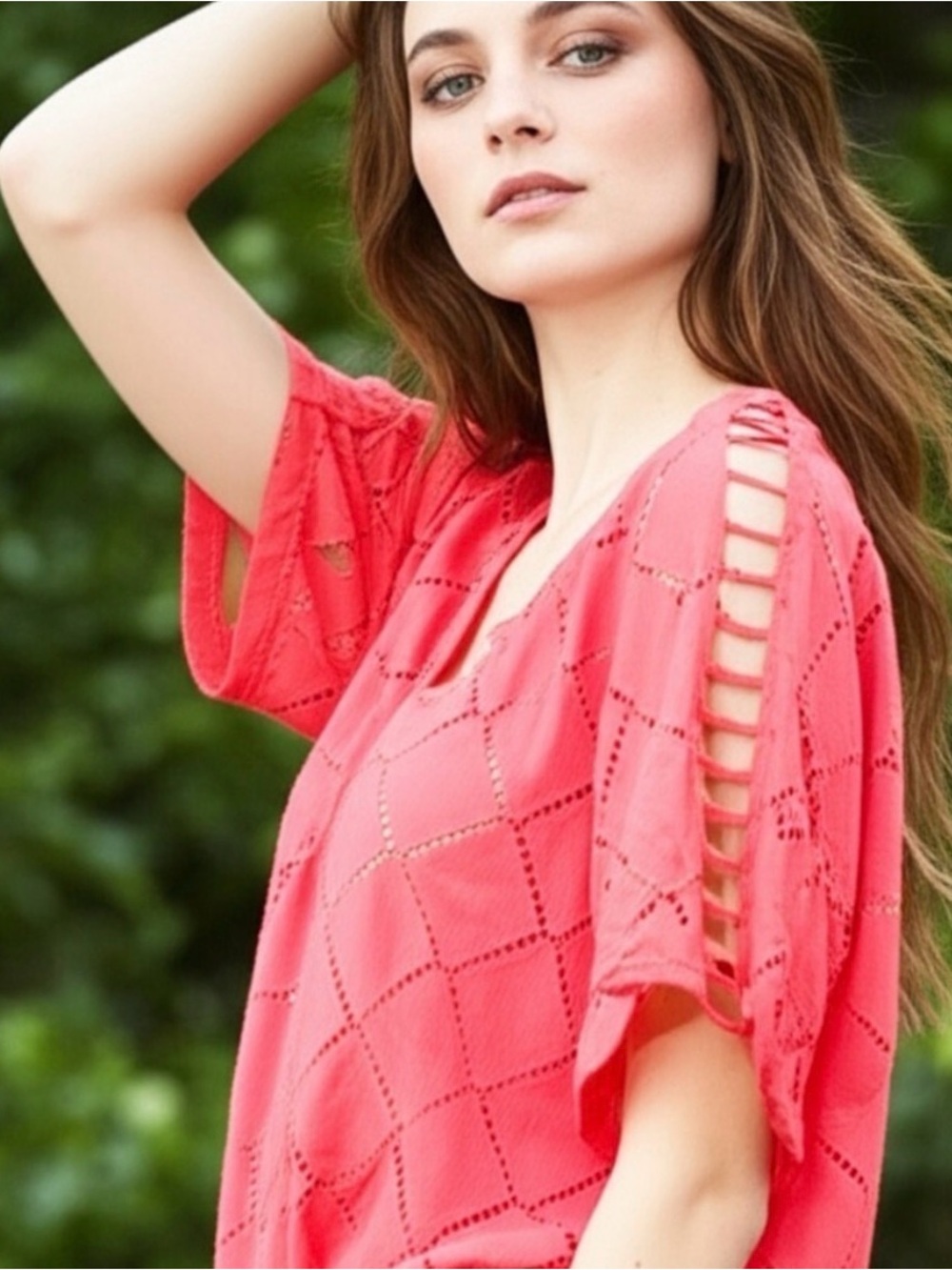 Madewell Coral Embroidered Lattice Eyelet Swing Top Boho Coastal Cottagecore M